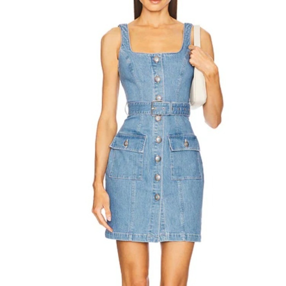 L'AGENCE Olvera Denim Mini Dress Blue Turquoise Concha Button Sz 8 Western